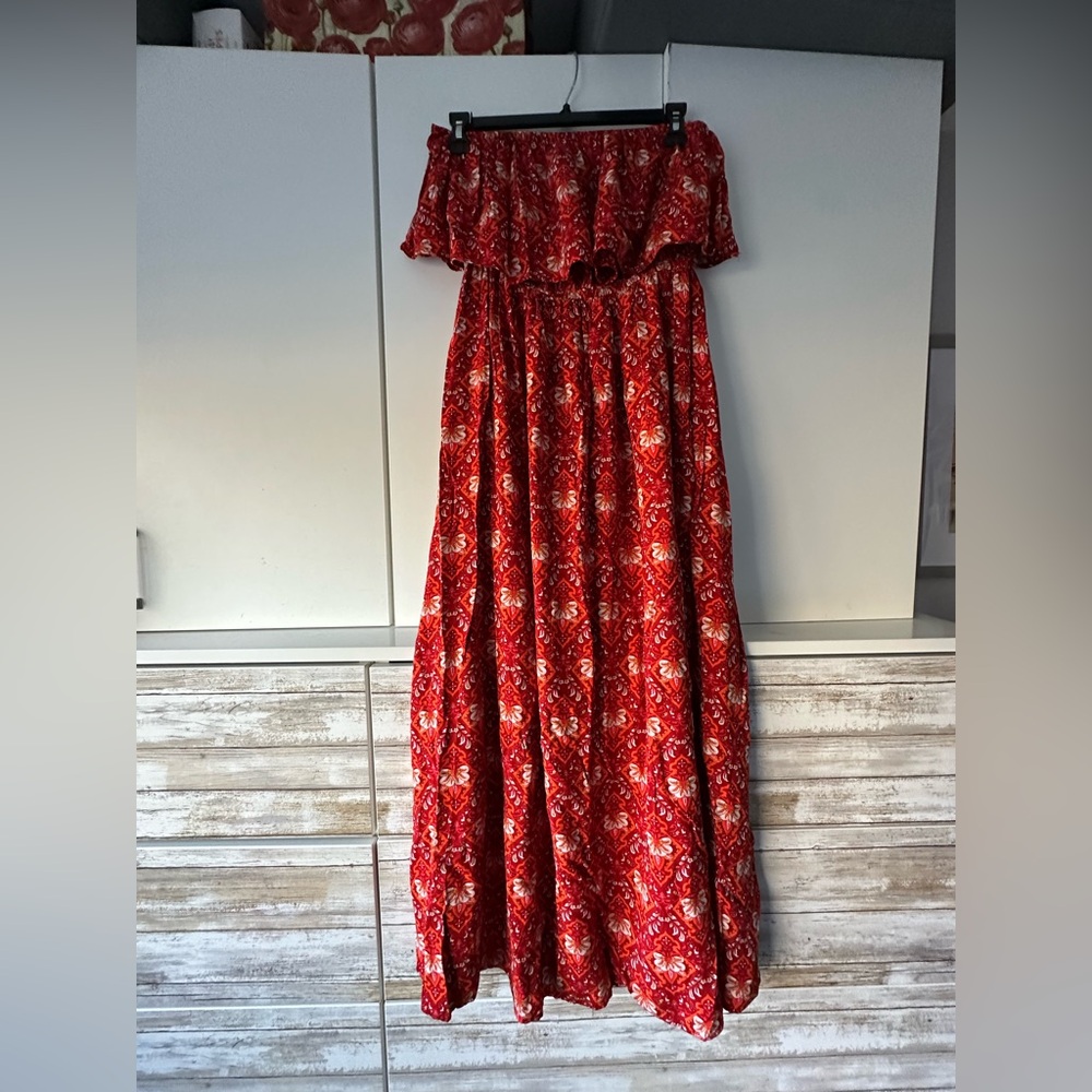 🌺 Yidarton Red Floral Off Shoulder Maxi Dress Size L Boho Ruffle